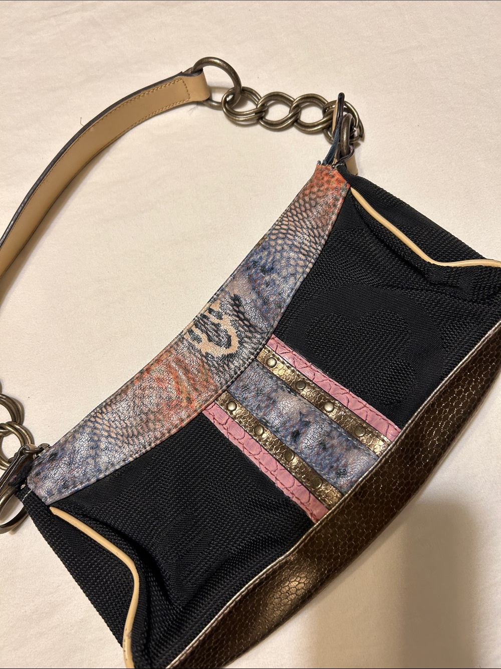 Mondani Black Shoulder Bag with Pink & Gold Accents